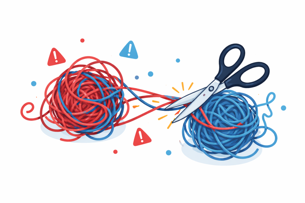 npm 의존성 충돌을 엉킨 실타래로 표현한 일러스트