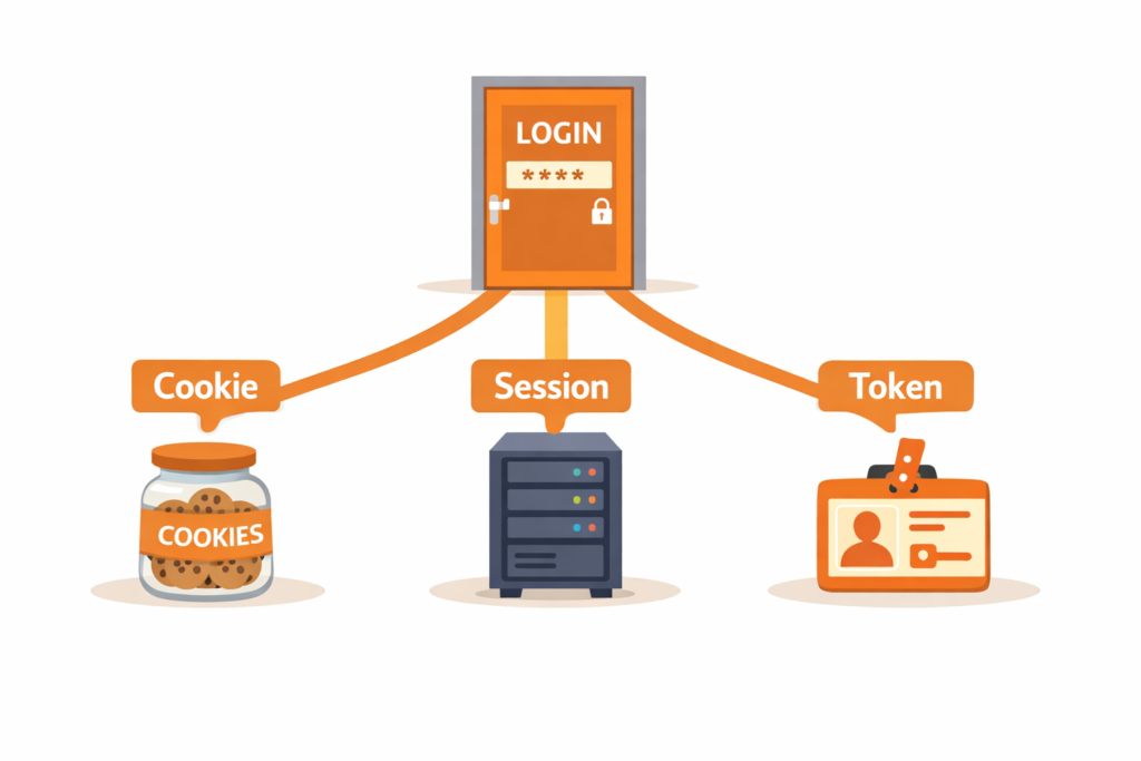 쿠키 세션 토큰 세 가지 인증 방식의 차이를 경로로 표현한 일러스트