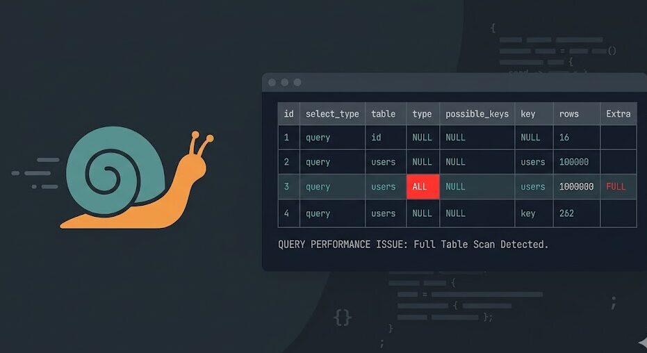 MySQL EXPLAIN 결과에서 풀 테이블 스캔(type: ALL)이 발생한 슬로우 쿼리 화면