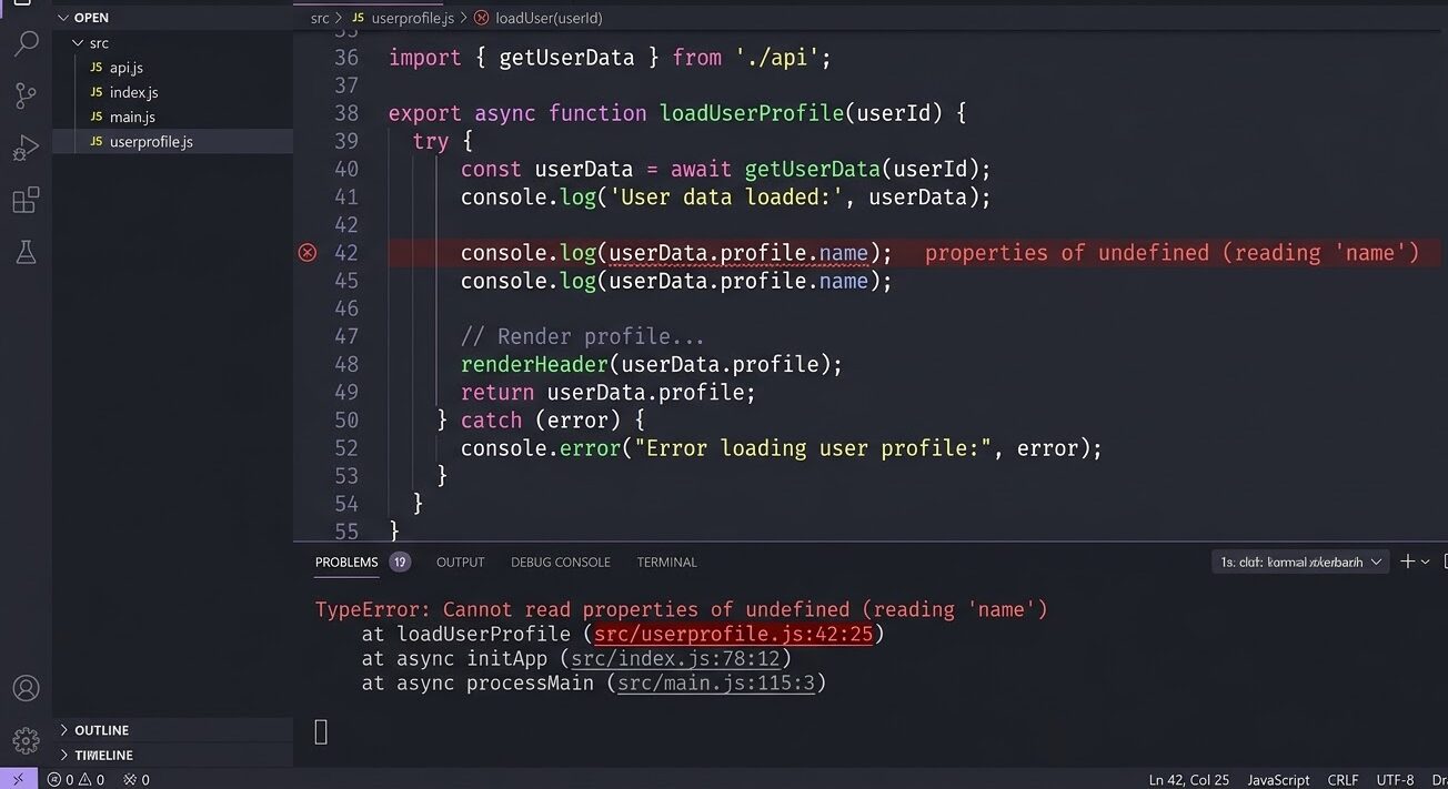 Cannot read properties of undefined 에러 메시지와 스택 트레이스를 보여주는 코드 에디터 화면

