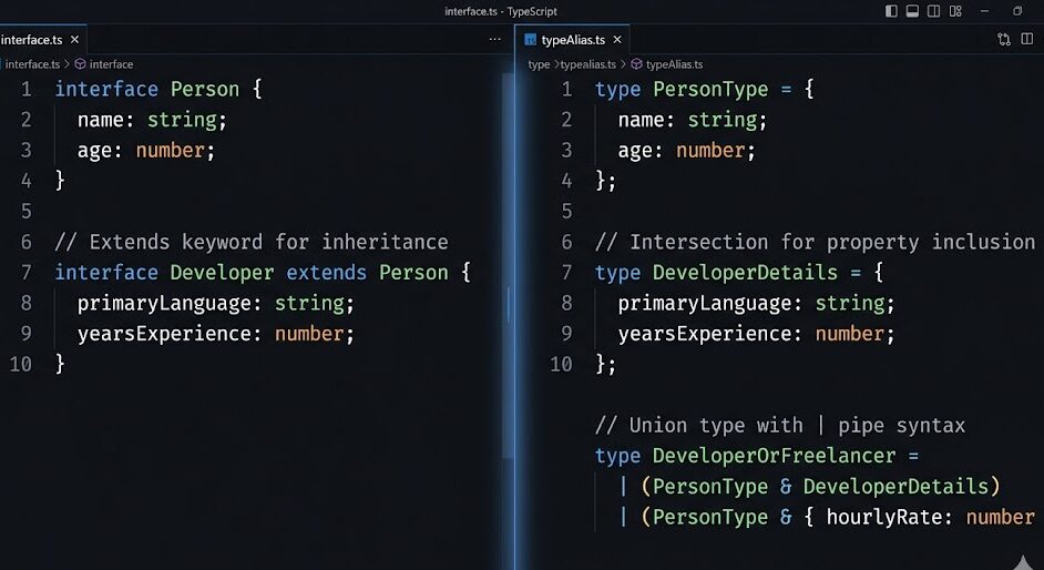 TypeScript interface extends 확장과 type 유니온 패턴 코드 비교