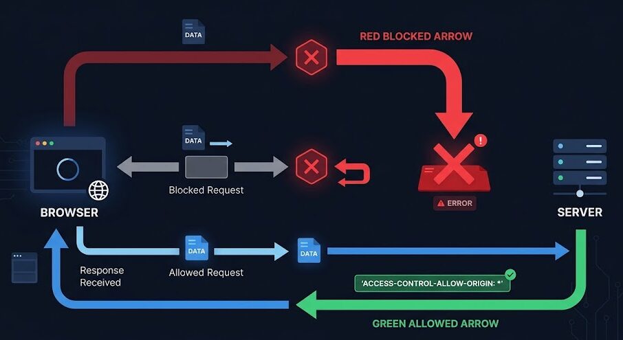 브라우저가 Cross-Origin 요청을 차단하고 서버 CORS 헤더로 허용하는 과정을 나타낸 다이어그램