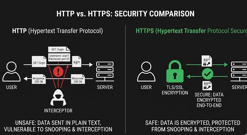 HTTP는 평문 전송으로 도청 가능하고 HTTPS는 TLS 암호화로 보호되는 차이를 보여주는 다이어그램