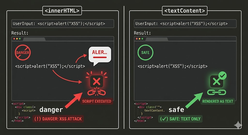 innerHTML에 사용자 입력 삽입 시 XSS 발생과 textContent 안전 출력 비교
