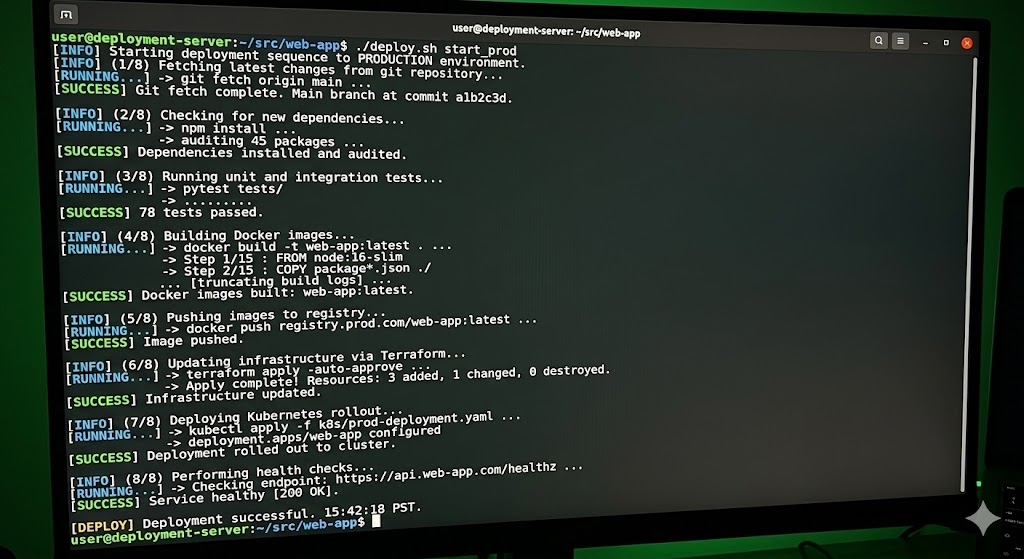 서버 배포 과정에서 실행하는 명령어들을 보여주는 터미널 화면